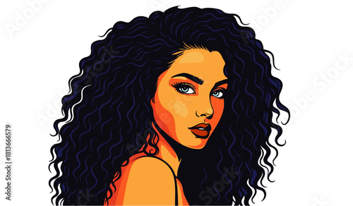 Beautiful woman with curly black hair portrait cartoon vector art illustration