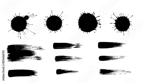 Grunge ink splatter, brush stroke, and stain design elements on a transparent background Vector File