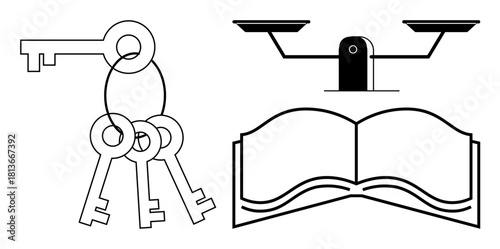 Three keys on a ring, an open book, and balancing scales embody education, justice, equality, and opportunity. Ideal for law, education, fairness ethics decision-making empowerment simple flat