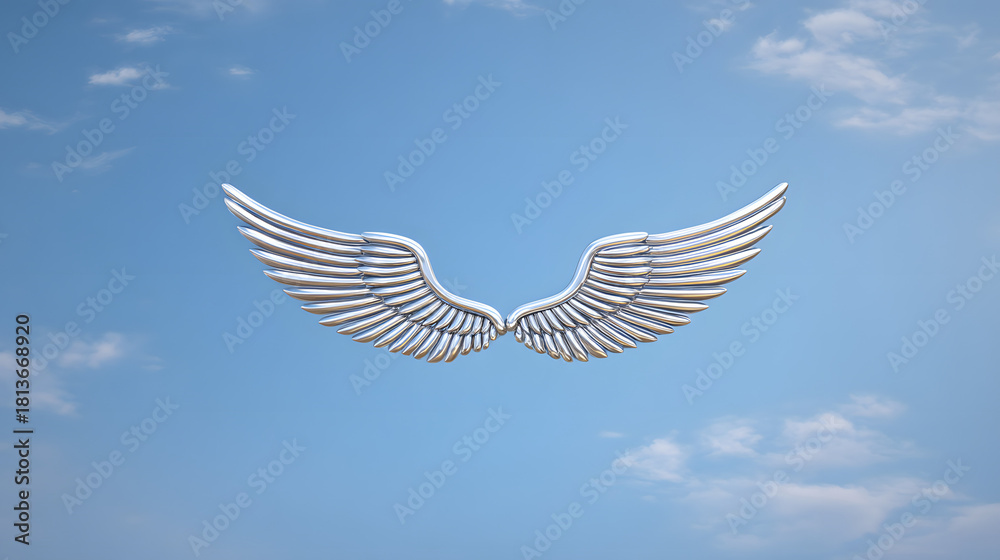 Obraz premium emblem. Polished silver wing emblem against a clear blue sky with soft clouds. wildlife magazines, conservation campaigns, designed for eco-tourism storytelling, used by account managers.