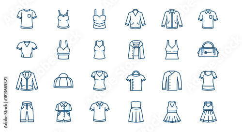 Clothing icons set various garments in outline style for design