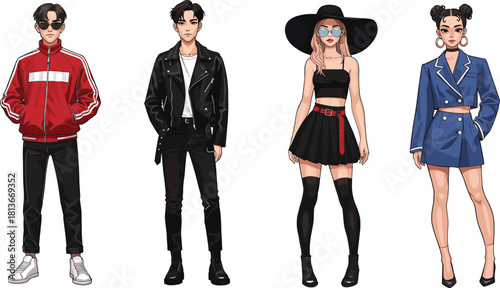 Set of black fashion women models standing in business style dresses