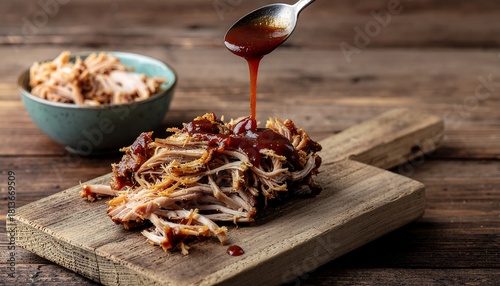 Barbecue Sauce Dripping onto Smoky Pulled Pork on a Rustic Wooden Board