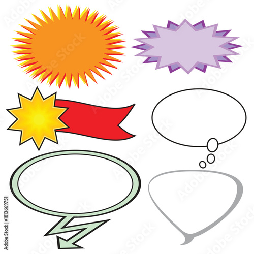 Collection of speech bubbles and starbursts isolated on white background