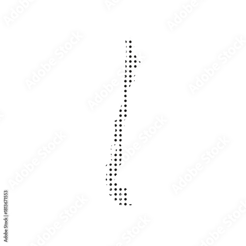 Chile halftone map vector with dotted long-strip silhouette, modern black dot pattern outline, minimal abstract geographic artwork for posters, prints, and infographics