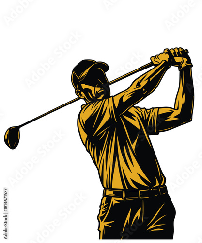 Dynamic silhouette of a golfer executing a powerful swing with a golf club