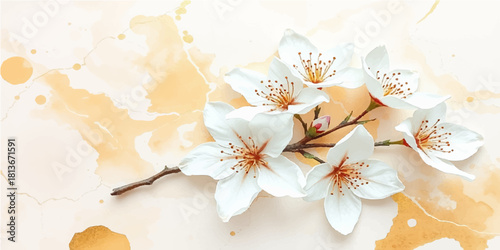 Closeup macro of white spring blossoms on an old wooden background
