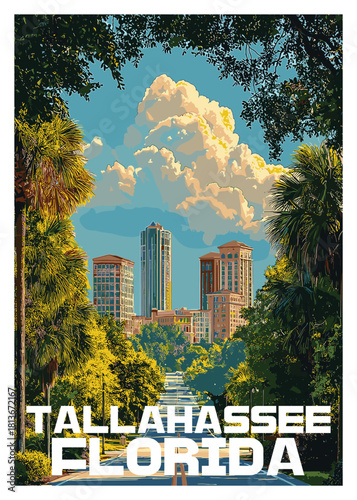 Εκτύπωση καμβά Dramatic vintage vector illustration travel poster of the Tallahassee, Florida, cityscape framed by lush green trees and foliage