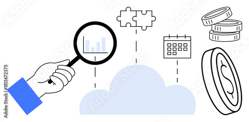 Hand holds magnifying glass examining chart above a cloud surrounded by puzzle pieces, calendar, coins, and dollar sign. Ideal for analytics, planning, finance, teamwork, data cloud computing