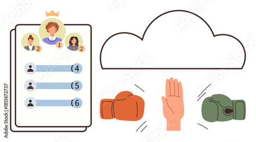 Leaderboard ranks top performers two boxing gloves clash with a hand symbolizing mediation cloud hints at digital tools. Ideal for competition, leadership, teamwork, resolution, virtual