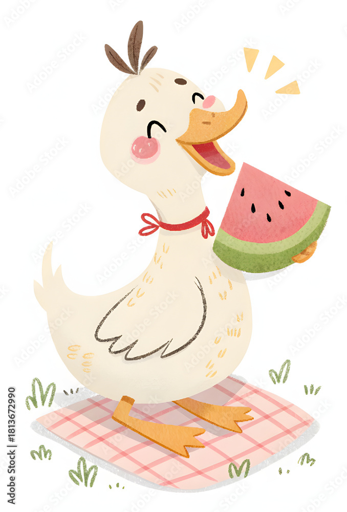 Naklejka premium Happy cartoon duck enjoying a juicy watermelon slice on a cheerful picnic blanket outdoors