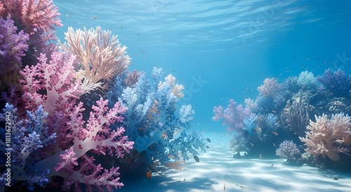 Fototapeta Naklejka Na Ścianę i Meble -  Dreamy underwater scene featuring a vibrant coral reef in shades of pink, blue, and purple under the sunlit ocean surface