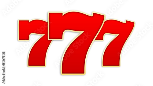 Classic slot machine jackpot, three red number sevens with golden outline. Casino symbol, luck, and gambling concept for game or advertising design. Vector illustration isolated on white.