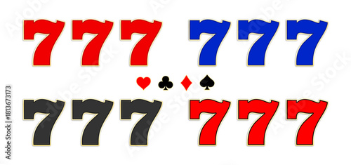 777 Casino slot machine sevens collection, jackpot symbols in red, blue, and black with golden outline, card suits. Vector illustration set for gambling, game, or entertainment design.