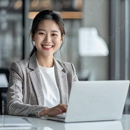 Smiling Asian Businesswoman Working on Laptop in Modern Office Environment.