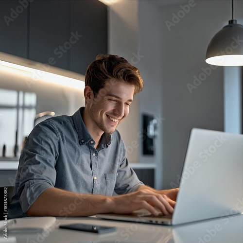 Smiling Young Man Working on Laptop at Home in the Evening.