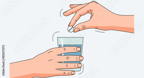 Hands dropping a tablet into a glass of water, medication concept, healthcare, copy space