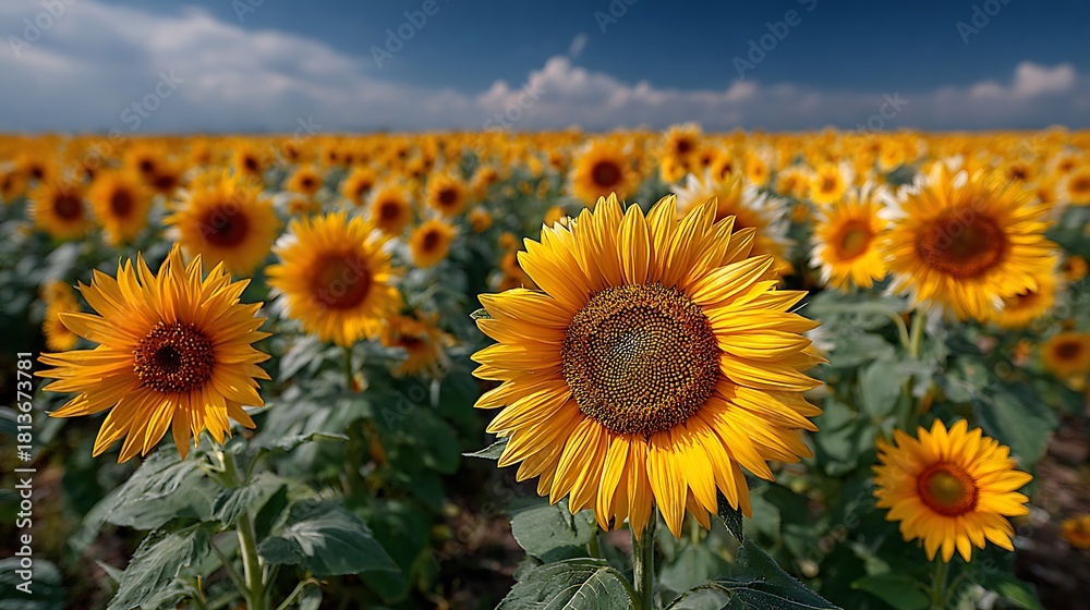 Obraz premium Vibrant sunflower field facing morning sun pictures