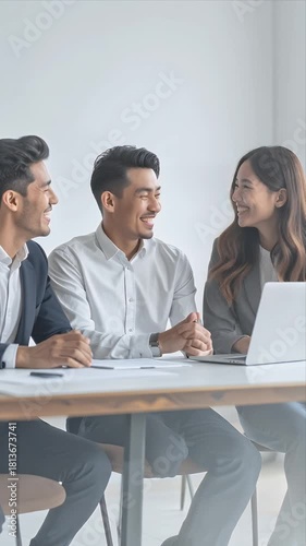 Three diverse business professionals collaborating and smiling during a meeting in a modern office setting.