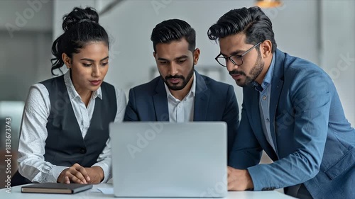 Three diverse business professionals collaborating on a laptop in a modern office setting.