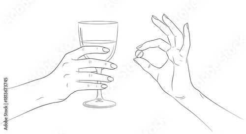 Hands holding a glass of water and a small pill, wellness reminder illustration, line art design