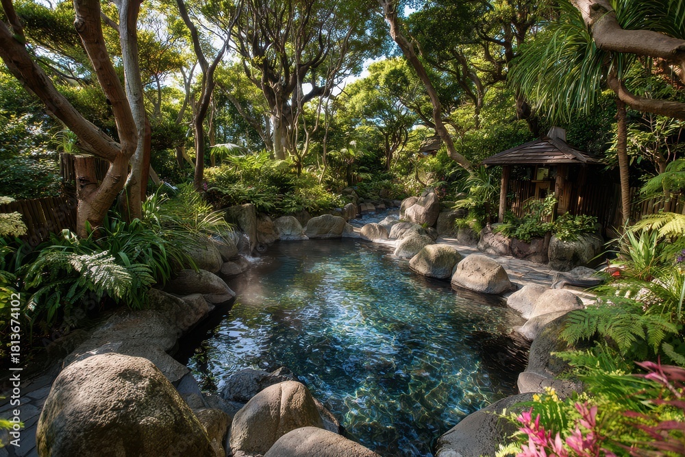 Naklejka premium Relaxing thermal springs surrounded by lush greenery, warm sunlight filtering through trees, creating a tranquil escape for rejuvenation