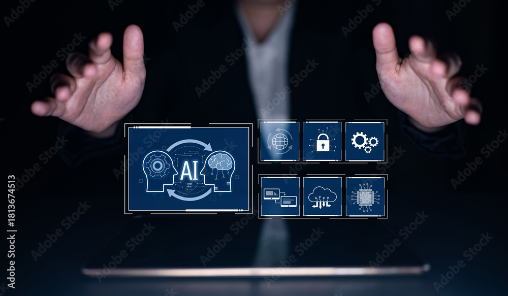 Naklejka premium AI system integration improves artificial intelligence platform. AI system integration enhances automation, secures data, supports cloud, and AI system integration connects systems. Latch