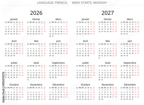 2026 and 2027 french simple clear calendars isolated on white. Vector illustration France