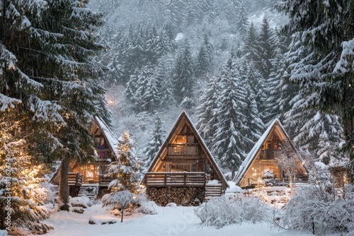 Serene winter landscape with cozy cabins, twinkling lights, and snow gently falling, inviting a festive holiday getaway vibe