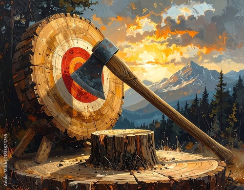 Axe throwing target in the forest landscape with sunset artwork illustration