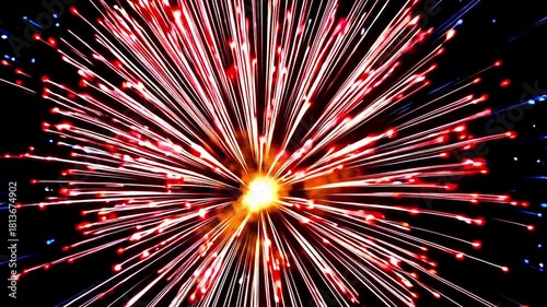 Explosion Of Red White And Blue Light Streaks Radiating From A Central Point Outward Rapidly, Fireworks