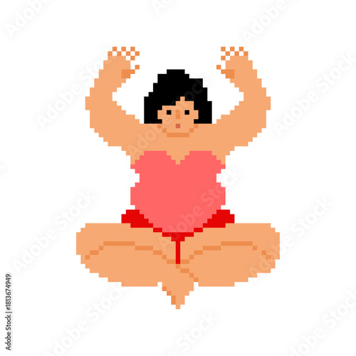 Plus-size woman in pixel art style stretching or doing a yoga exercise with raised hands. Concept for body positivity, 8-bit health, and mindfulness.