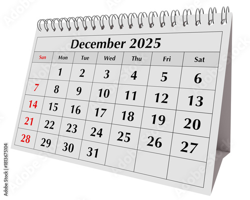 December 2025 calendar. Page of annual business desk month autumn calendar isolated transparent png