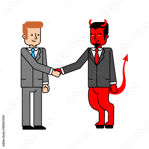 Business deal with the devil concept. Businessman shaking hands with a demon, symbolizing a risky contract, temptation, or unethical agreement.