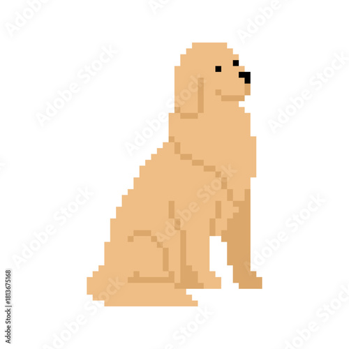 Retro pixel art Golden Retriever dog sitting. 8-bit or 16-bit style pet icon for animal, veterinary, or gaming concepts.
