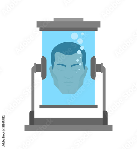 cryogenic chamber designed for preserving a human head, symbolizing advanced sci-fi medical freezing technology.