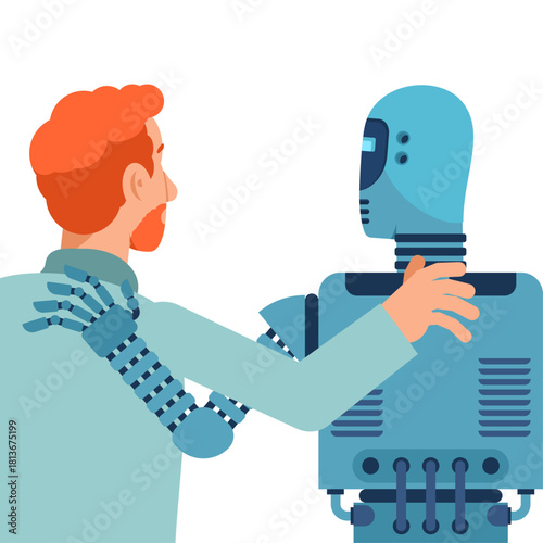 human and a robot standing together, hugging and looking forward toward the future, symbolizing unity, technology, and coexistence.
