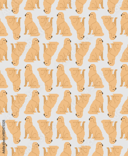 Seamless pattern of sitting Golden Retriever dogs. Abstract, friendly vector background for pet care, veterinary, or animal themes.