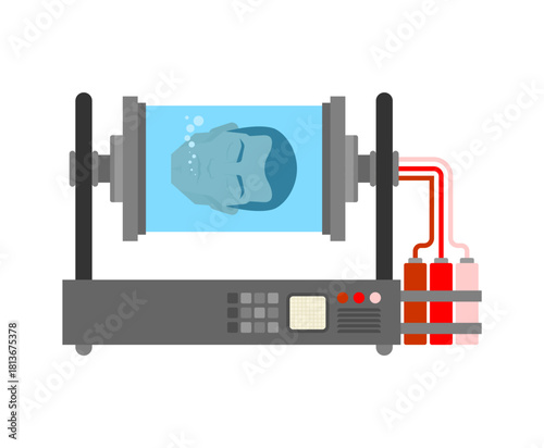 Cryonics concept. Preserved human head and brain inside a futuristic cryogenic freezing capsule for life extension or resurrection.