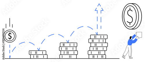 Financial growth concept. Currency symbols, stacked coins, and upward arrows financial growth, profit increases, and investment strategies. For business, banking, investment economics wealth