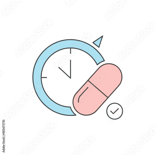 clock with a capsule indicating medication time on a white background with copy space