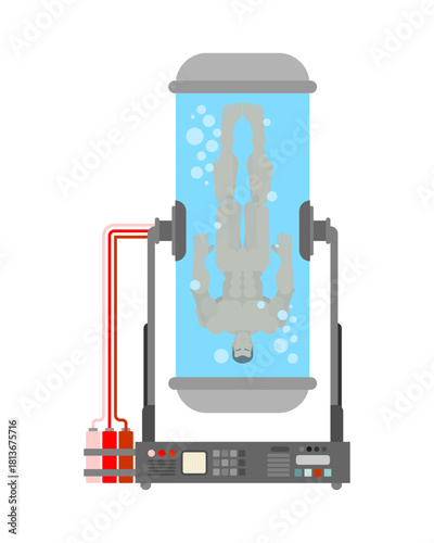 Detailed cryogenic freezing chamber or life-support capsule. Illustration of cryonics, preservation, or advanced medical technology.