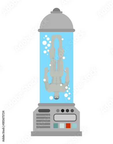 Cryonics chamber or capsule for whole-body preservation. Vertical cryogenic freezing tank for human life extension and resurrection technology.