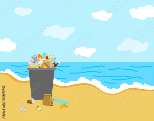 Trash bin or garbage can on a beach next to the sea. Concept for environmental pollution, waste management, and nature conservation