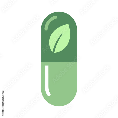 Green herbal capsule with leaf, natural medicine concept, healthcare, copy space