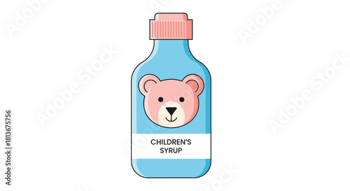 Children's syrup bottle with bear design, playful illustration, bright colors, copy space