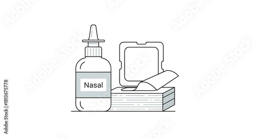 Nasal spray bottle and tissues box, nasal care concept, healthcare, copy space