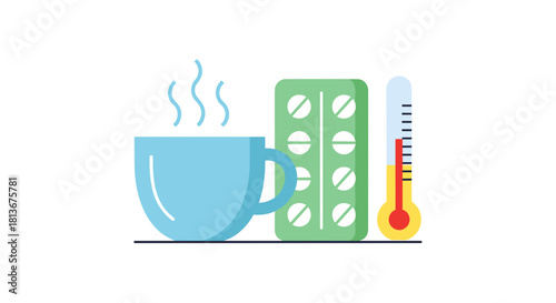 Cup of hot drink, medication, and thermometer, cold and virus treatment concept, copy space