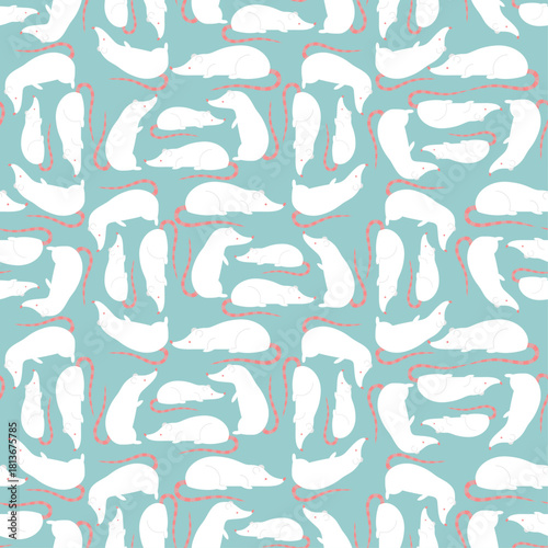 Seamless pattern of white mice or rodents. Vector background for laboratory, animal, or unique textile prints.