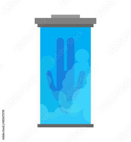 Transparent cryonics chamber or vertical capsule with an internal glow. Concept for future health, life extension, and preservation technology.